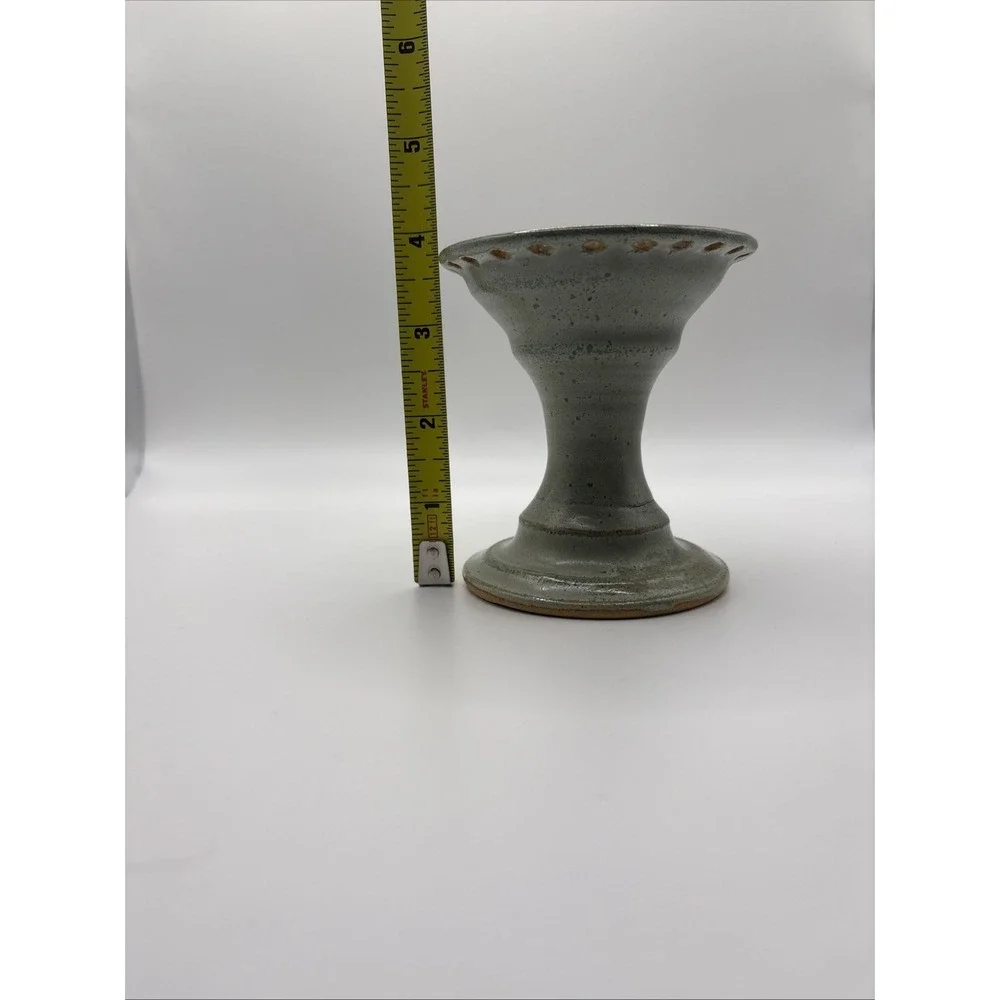 Vintage Signed Studio Pottery Pedestal Flower Frog Bowl 4